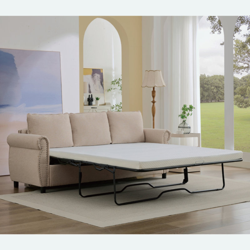 2 In 1 Queen Convertible Sleeper Sofa Bed With Memory Foam Mattress, Beige