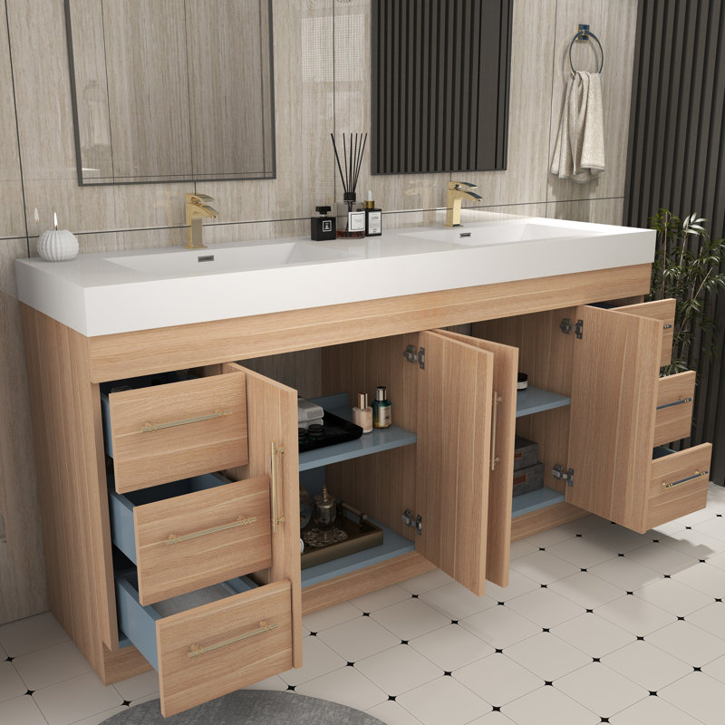 72" Freestanding Double Bathroom Vanity Set with Drawers and Doors, Champagne Oak
