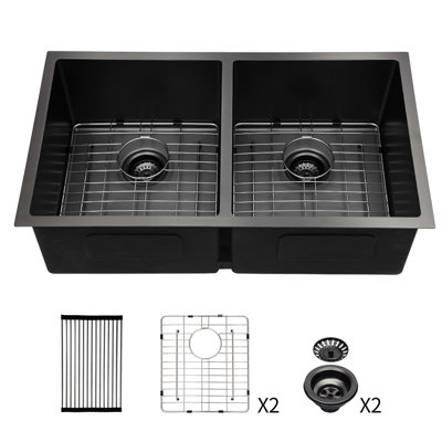 Évier de cuisine encastré à double cuve, noir canon de fusil, 84 cm (33 po), acier 50/50 calibre 16, profondeur 25 cm (10 po), façonné à la main, bonde arrière de 9 cm (3,5 po), rainures en X, feuilles d'insonorisation, finition anticondensation, égouttoir enroulable, grille