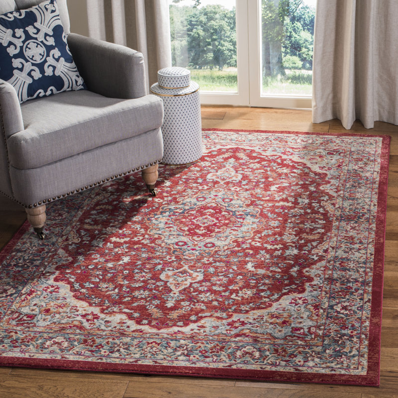 Doucet 300 Pes/Cotton/Pp/Latex Oriental Rug in Red/Aqua, Rectangle 9' x 13'