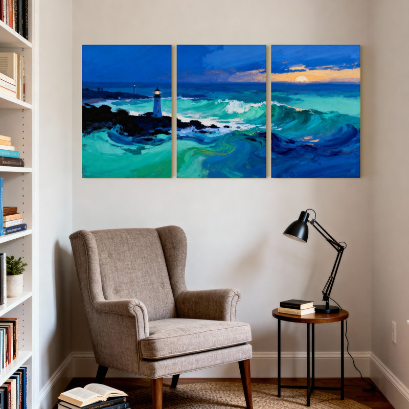 Nautique et plage, océan, vagues, phare, coucher de soleil, ciel, bleu, vert, ensemble de 3 impressions sur toile