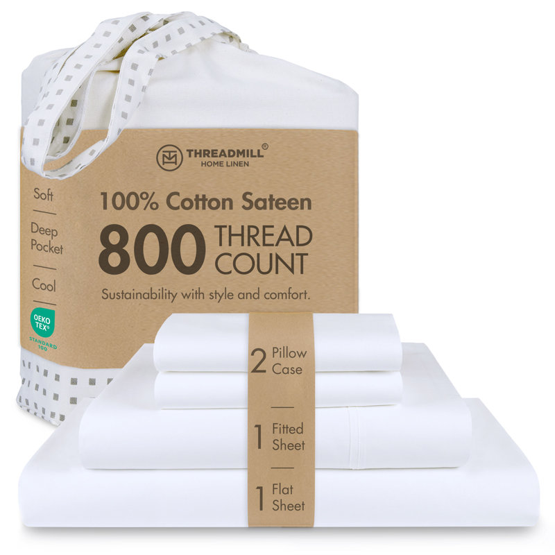 Ensemble de draps 100% satin de coton à densité de tissage 800 fils Threadmill, Blanc