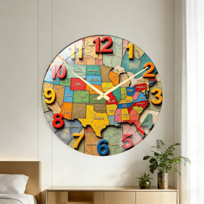 Colorful USA Map Wall Clock Educational Home Decor Art - 24‘’ Modern Glass Wall Clock