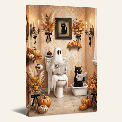 Art mural sur toile, fantôme blanc et chat noir dans la salle de bain
