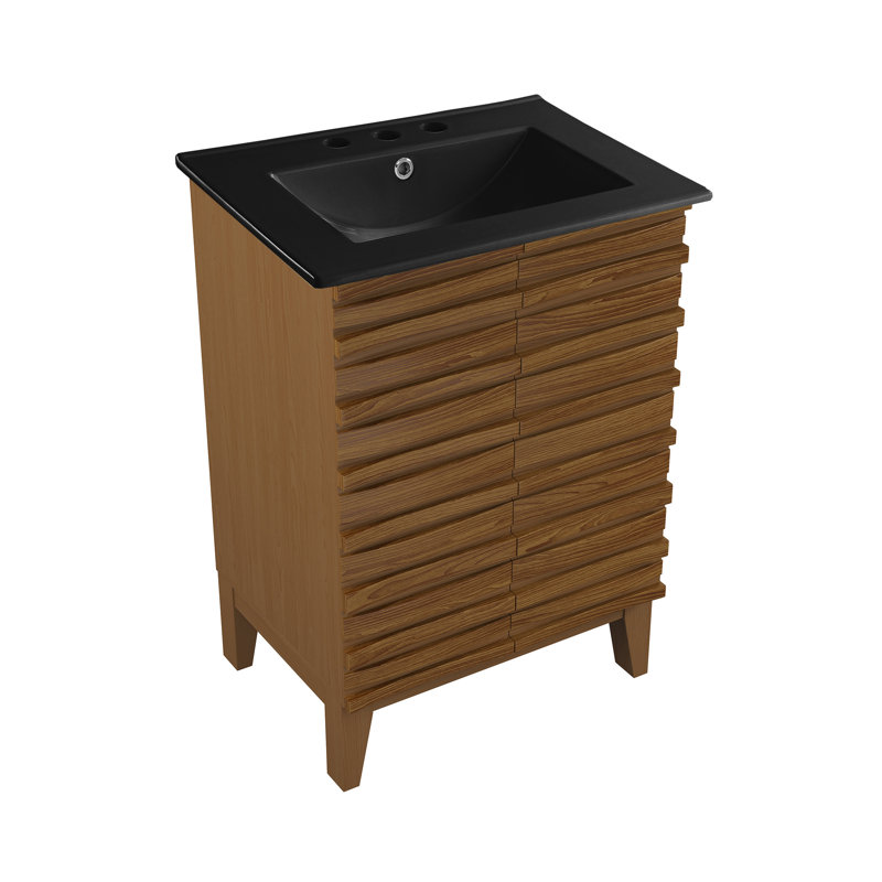 Cascade 24 in. Brown Oak Bathroom Vanity With Black, 3-Hole Ceramic Sink Top, Black, Brown Oak