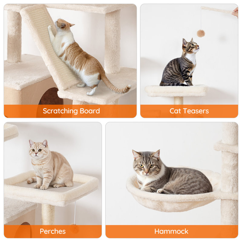 45.3"L x 68.9"H Cat Tree with Double Litter Box Enclosure, White/Walnut