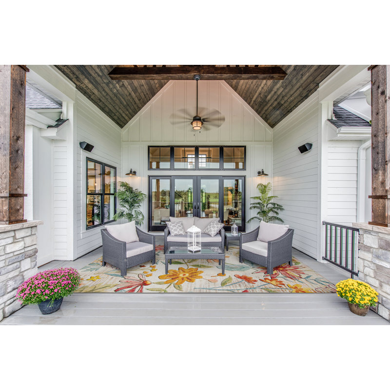Elling Floral Ivory and Multi Indoor Outdoor Machine Washable Area Rug, Rectangle 7' x 9'