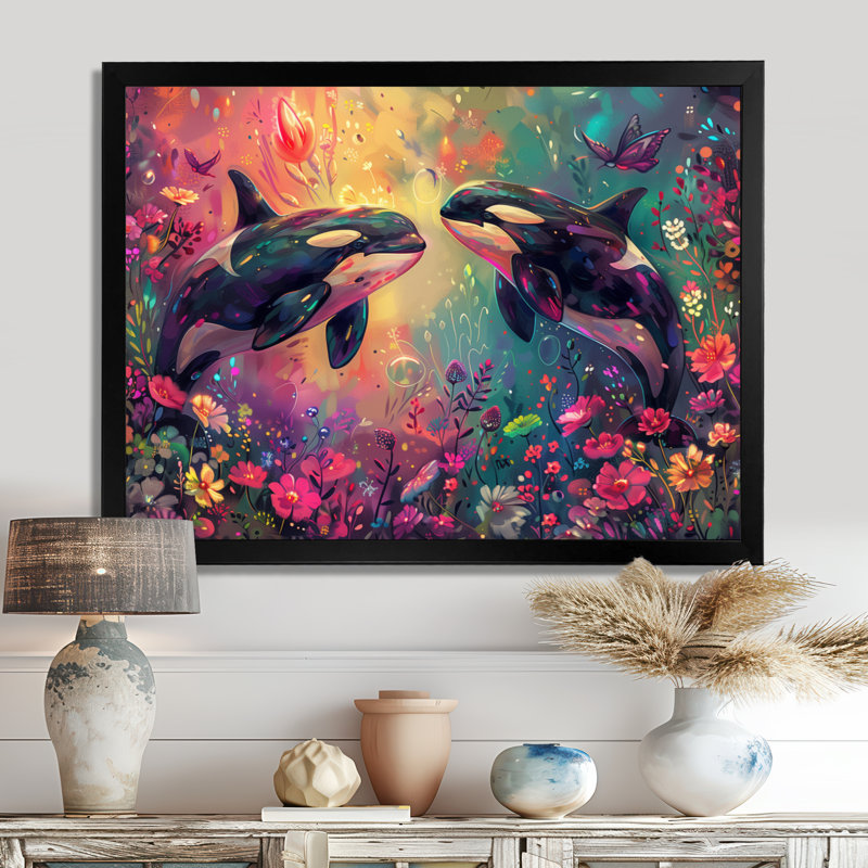 Orque noire nageant Paradise Dream II - baleine, décoration murale animal, H 30 po x l 40 po, Cadre simple noir