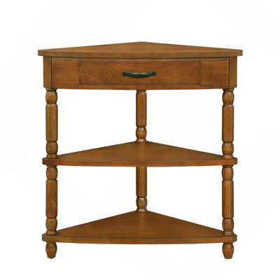 33.8" Small Triangle Corner Table, Wood Corner Side Table For Small Spaces/ Living Room, 3 Tier End Corner Table With Solid Wood Legs, Brown