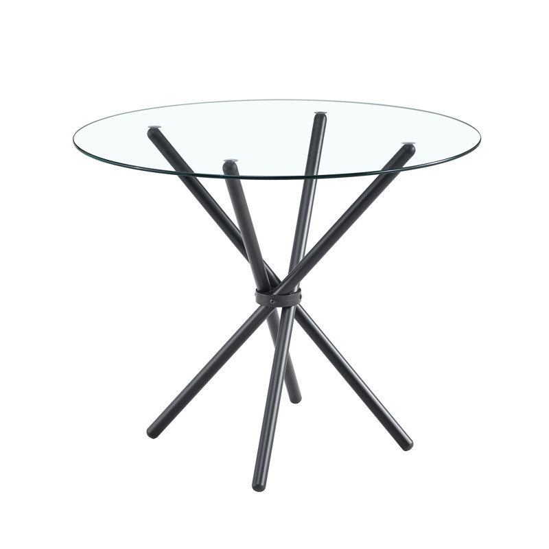 A Circular Transparent Tempered Glass Round Table With A Diameter Of 36.6 Inches,With Ring-Shaped Gathered Black Metal Legs.The Desktop Glass Is 0.3 Inches Thick.W1151P294396