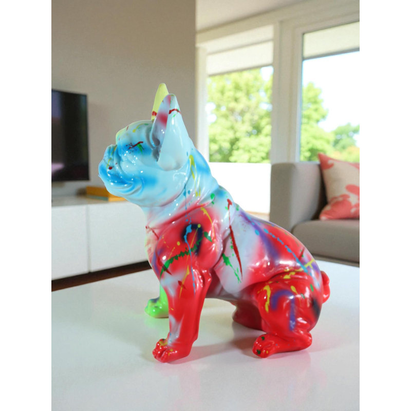 Statue bouledogue français en résine NIFao avec éclaboussures de peinture arc-en-ciel 16 po x 9 po x H 16 po