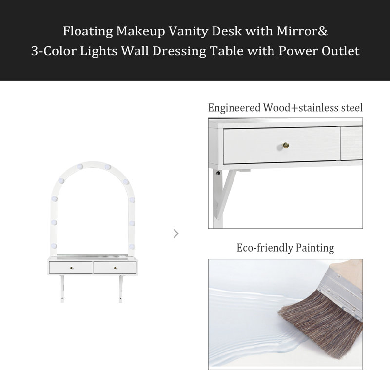 Floating Makeup Vanity Desk With Mirror & 3-Color Lights, Wall Dressing Table With Power Outlet, Compact Vanity, Large Storage
