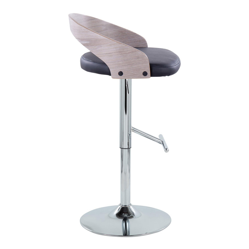 Adjustable Black PU and Grey Wood Swivel Barstool with Chrome Base