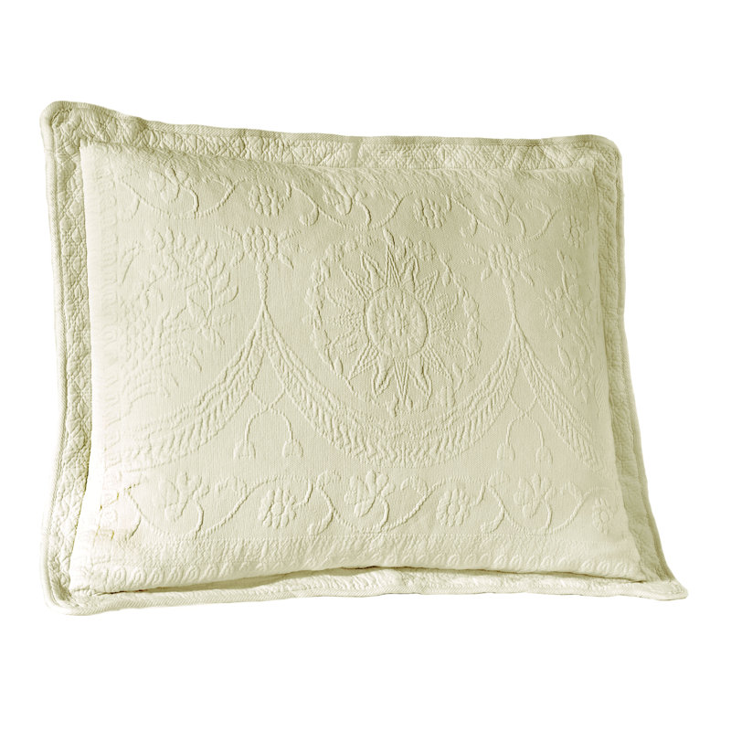 Historic Charleston King Charles Matelasse Decorative Pillow Sham, Classic Cotton Standard Queen Pillow Cover, 20 in x 26 in, 1 Count, Ivory