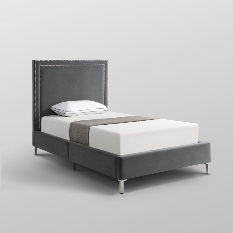 Lit plateforme tapissier Crampton, Gris, Velours, Lit simple