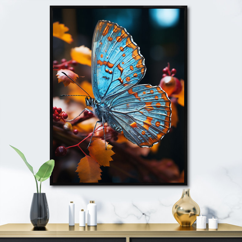 Imprimé papillon turquoise - jaune, Cadre flottant noir, H 32 po x l 24 po x P 1 po