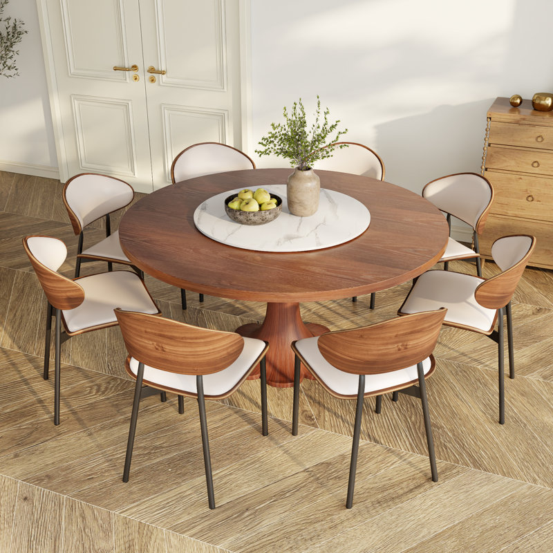 Ensembles de salle à manger Mid-Century en bois massif avec plateau tournant en pierre, 30 po x L 59 po x l 59 po