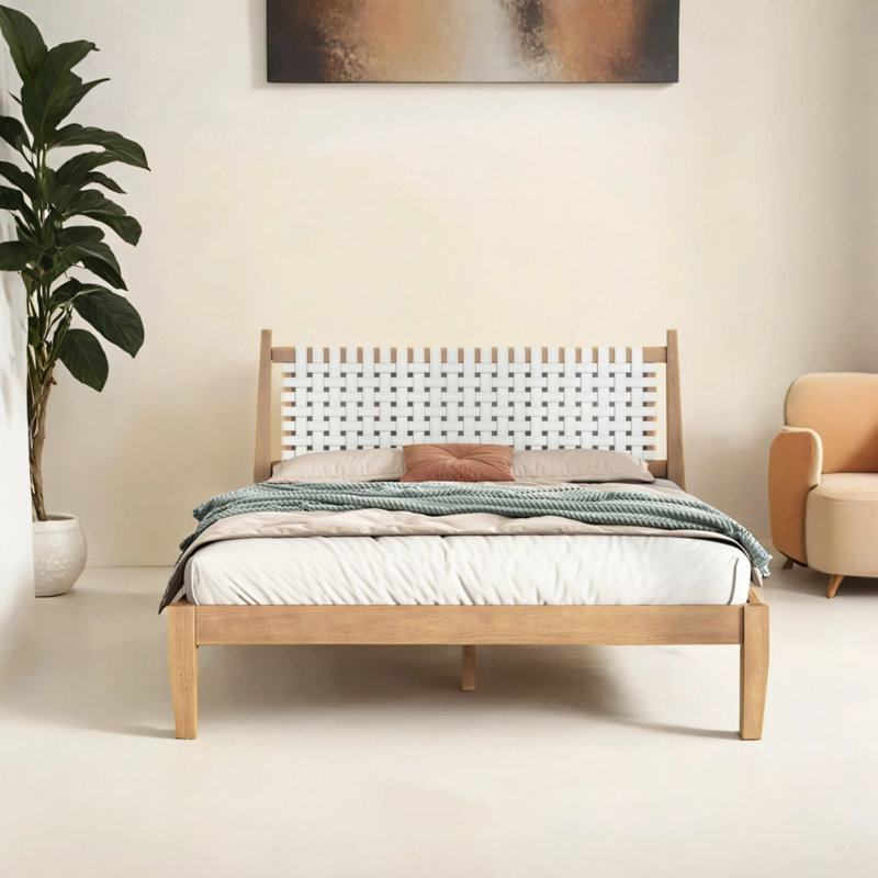 Queen Bed Frame With Woven White Leather Backrest