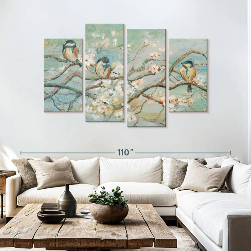 Branche de printemps Brampt avec oiseaux, H 54 po x l 84 po