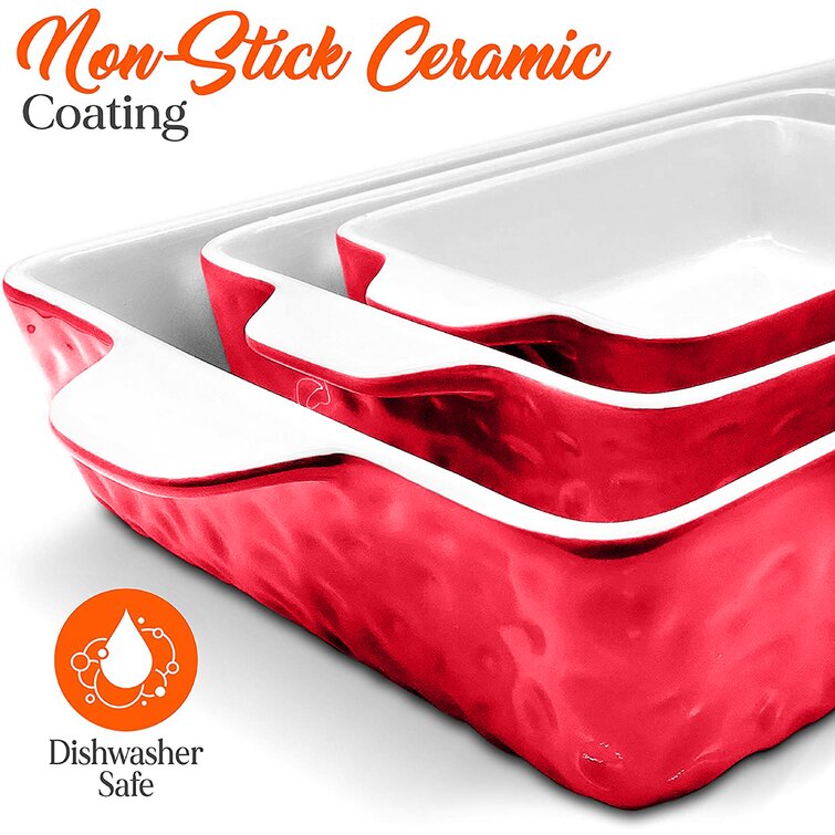 3-Pcs. Rectangular Ceramic Bakeware Set - Durable Baking Dishes Set,  Odor-Free Hybrid Ceramic Non-Stick Baking Pans, Dishwasher Safe (Red)