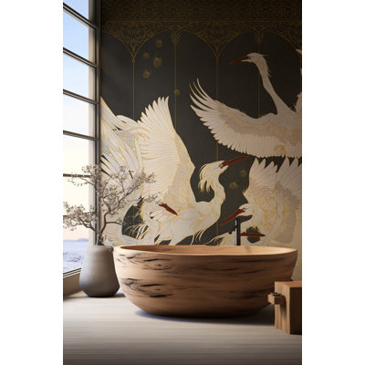 Black and Gold Art Deco Crane Bird Wallpaper Mural With Ornate Arch Design
