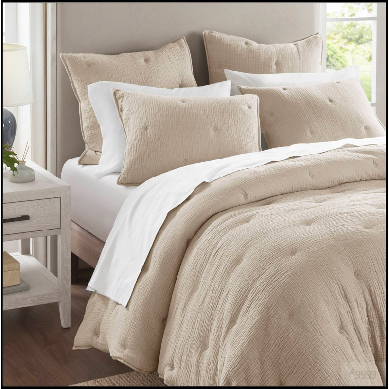 Ensemble de courtepointe brodée en coton 3 pièces pour très grand lit, taupe, Courtepointe très grand et 2 très grandes taies