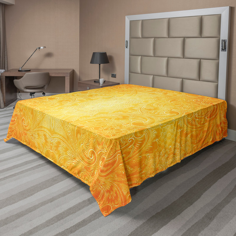 Ambesonne Top Flat Sheet Curving Art, King Flat Sheet, Marigold Floral
