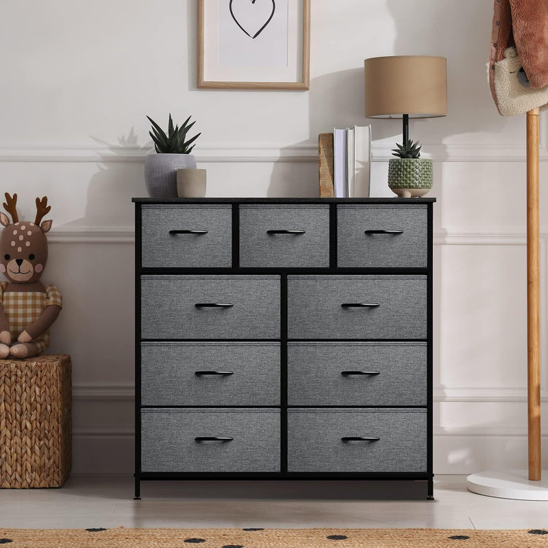 Commode 9 tiroirs Sorbus avec structure en acier et plateau en bois, noir, Noir
