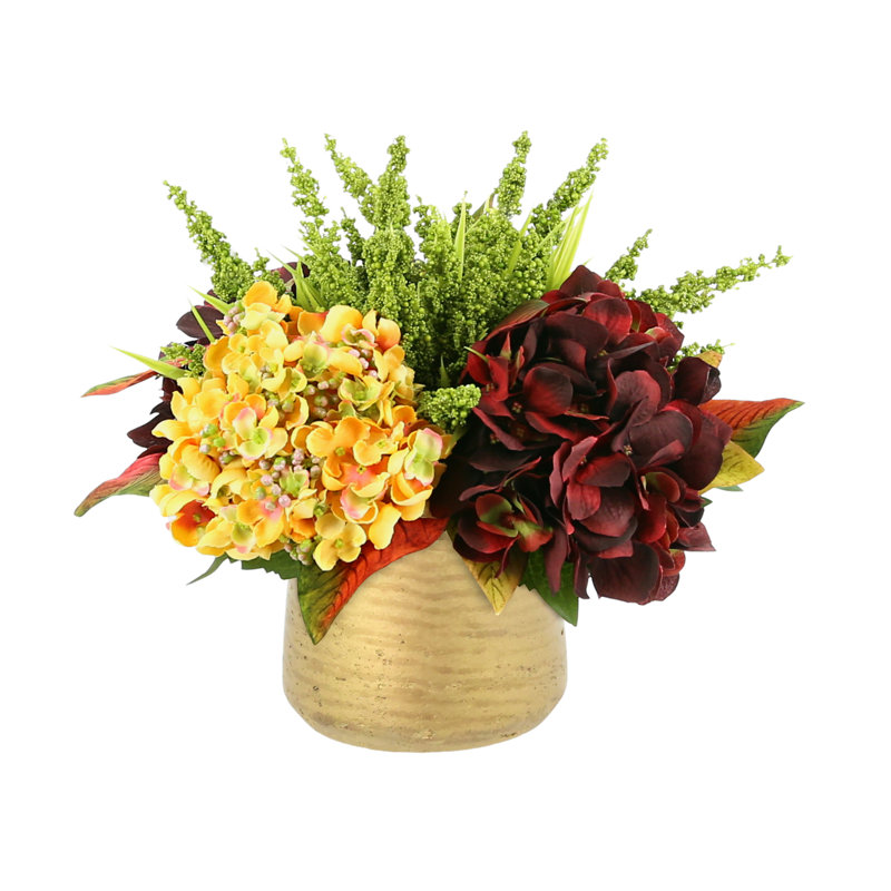 Assorted Hydrangea And Heather Arrangement In Round Pot