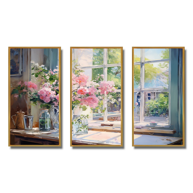 Art floral mural délicat rétro avec fenêtre française II, Cadre flottant doré, H 28 po x l 36 po x P 1 po
