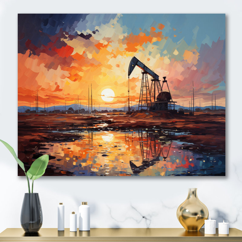 «Orange Oil Rigs Pumpjack In Texas II», art mural «Oil Rigs / Fields», Toile tendue, H 16 po x l 32 po x P 1 po