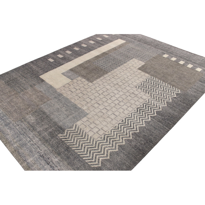 Distressed French Art Deco Rug In Gray Geometric Pattern By Rug & Kilim, Runner 3' x 14'