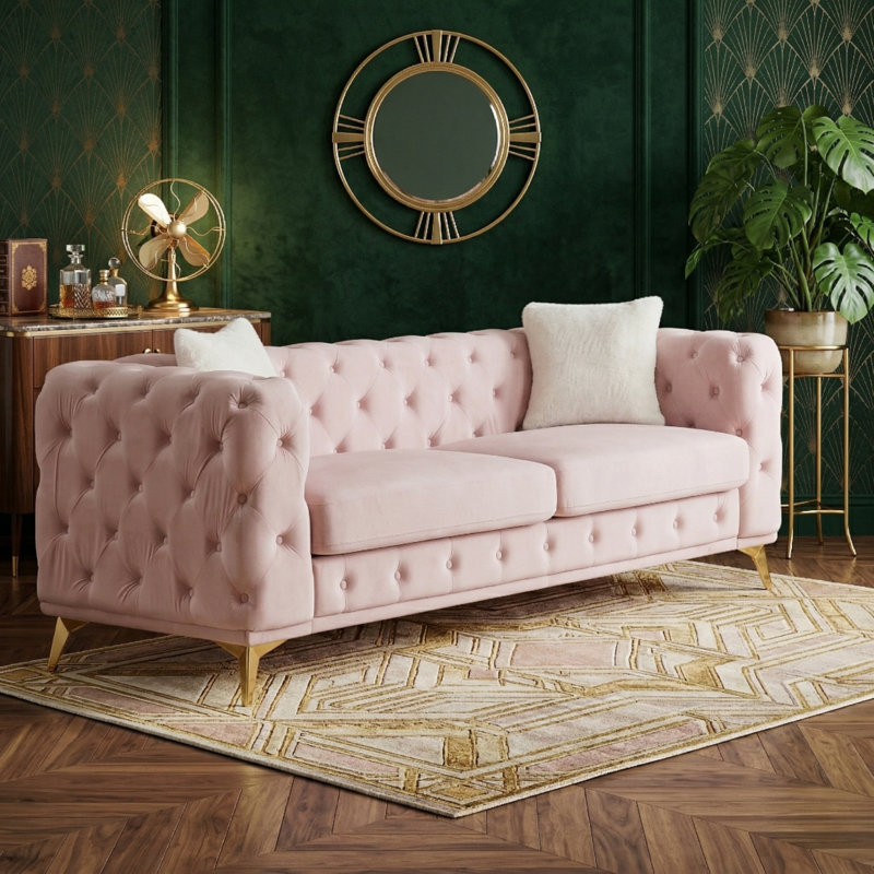 Causeuse Chesterfield en velours capitonné Modern, Rose, 3 sièges