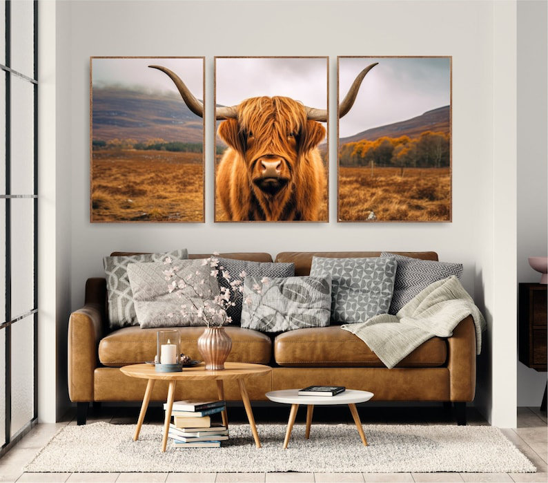 Highland Cow, impression de 3 pièces, H 24 po x l 54 po x P 0,75 po, Toile tendue