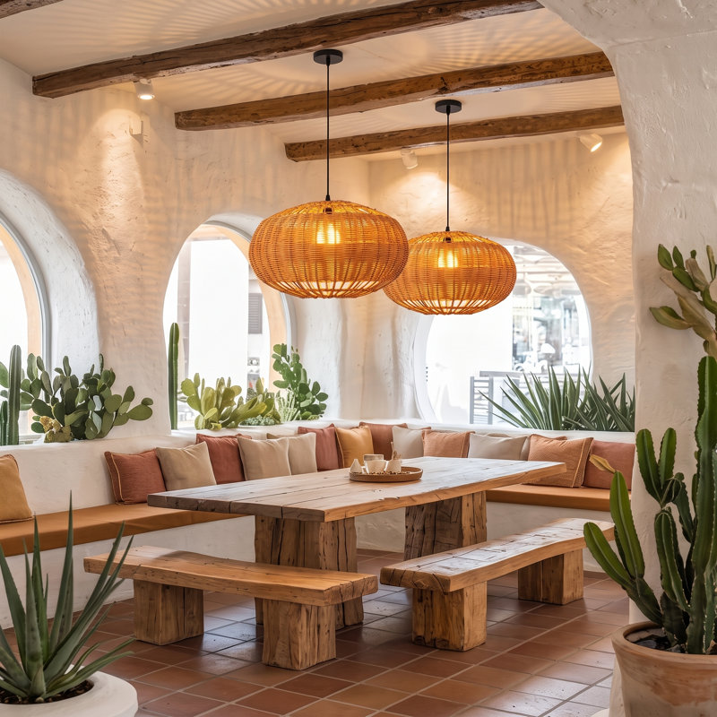 1 - Light Rattan Single Pendant Adjustable, 13.78" H x 23.62" W x 23.62" D