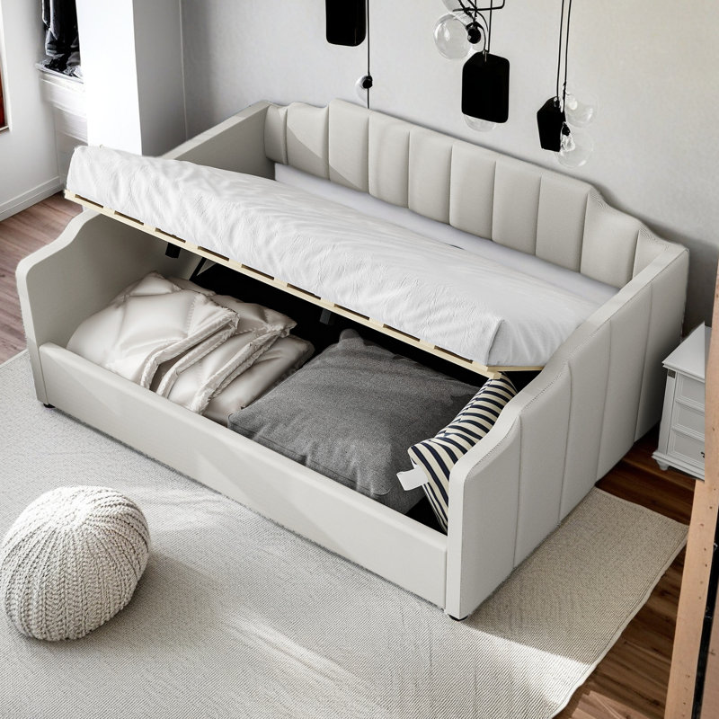 Lit de jour rembourré avec rangement inférieur, Complet/Double, Blanc