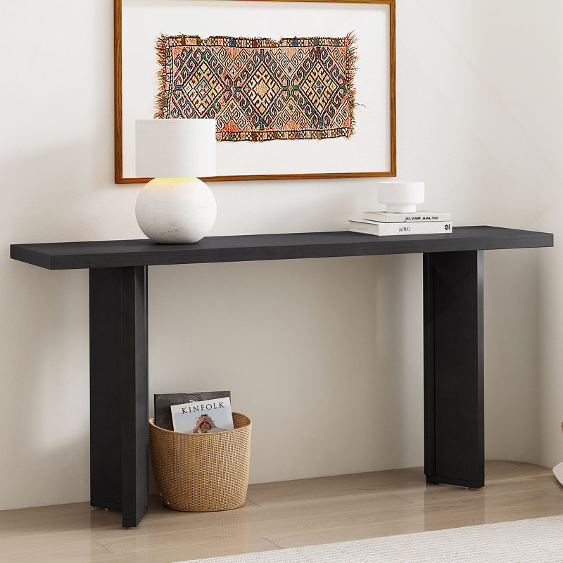 Élégante console avec placage de pin et pieds géométriques, idéale pour le salon, le bureau et la salle à manger, Noir