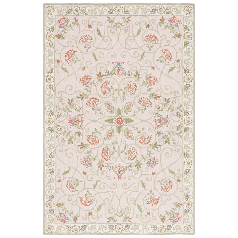 Tapis beige / vert en laine à motif floral crocheté à la main Hollander, Rectangle 3 pi 9 po x 5 pi 9 po