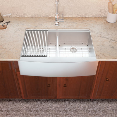 33'' L x 22'' W Farmhouse Workstation Stainless Steel Kitchen Sink, 50/50 Double Bowl Kitchen Sink with Sink Grid, Strainer, Cutting Board, Colander and Roll-up Rack