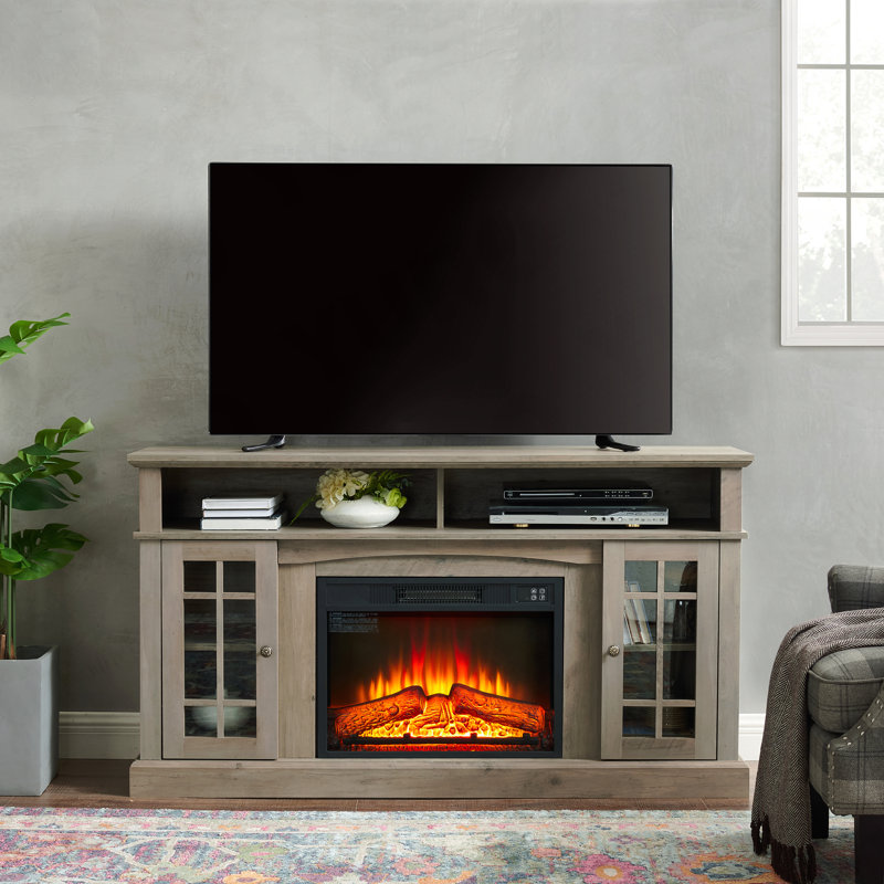 Meuble télé 58,25 pouces pour téléviseur 65 pouces avec foyer de 23 pouces - gris délavé, Grey Wash, MDF+glass