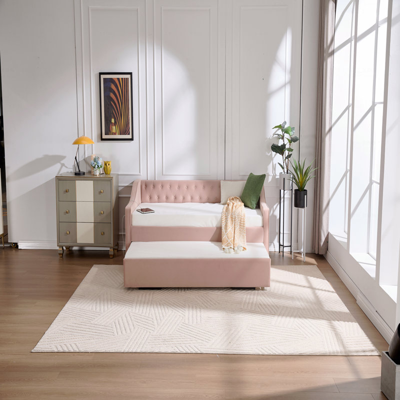 Velvet Daybed, Twin Size Upholstered Trundle Daybed,USB Port,Side Pockets, With Button On Back And Piping On Waved Shape Arms
