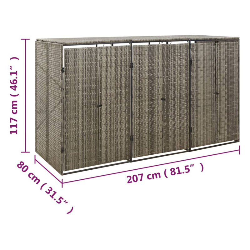 Gray Poly Rattan Triple Bin Shed with Steel Frame