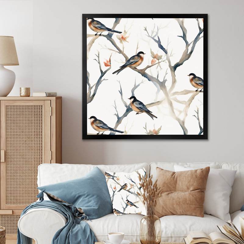 «Little Birds On The Tree Branches III», reproduction d'art sur toile, H 30 po x l 30 po x P 1 po, Cadre simple noir