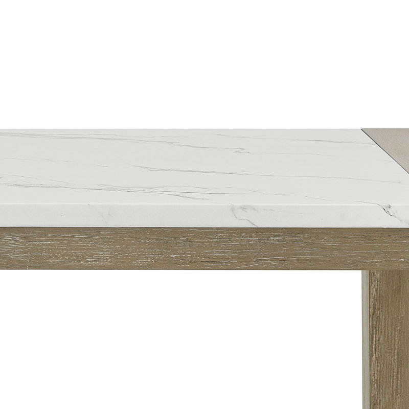 Table de salle à manger rectangulaire blanche en faux marbre de 66 po de largeur avec base en chêne, style 6 personnes, 38 po de profondeur, 30 po de hauteur avec plateau et pieds, conception, 6 places, profondeur, hauteur
