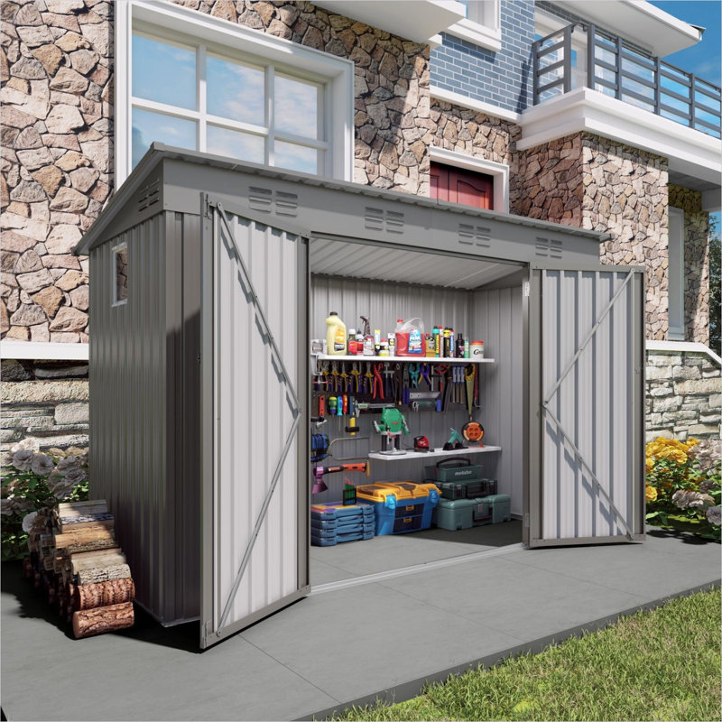 Metal Frame Storage Shed in As Pic, 9 ft, with 49 Kg Product Weight, Double Swing Doors, Sloped Roof