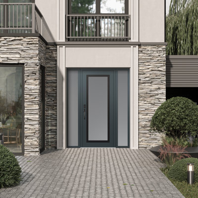 Panneau d'entrée en acier noir anthracite / anthracite avec 2 panneaux latéraux pré-suspendus