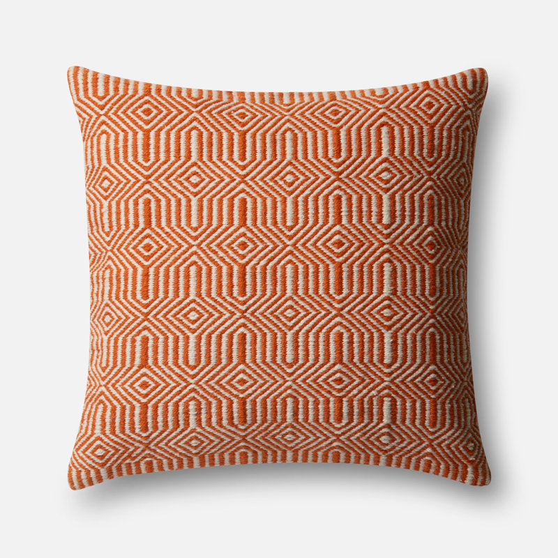 Orange and Ivory Geometric Embroidered Square Pillow Cover