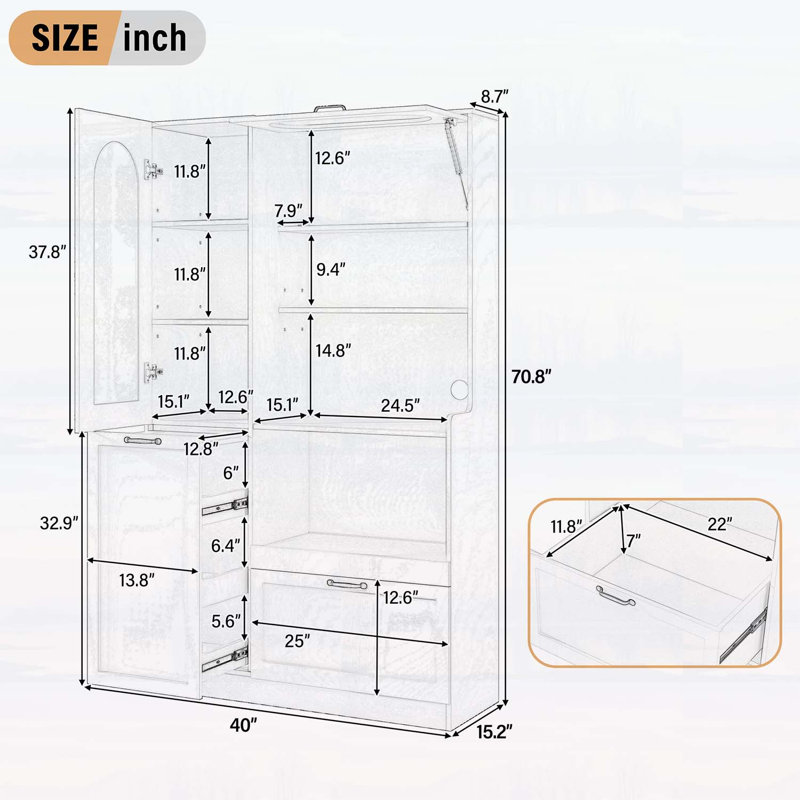 Armoire de cuisine autoportante haute avec porte vitrée cintrée, porte relevable et tablettes réglables pour un rangement efficace