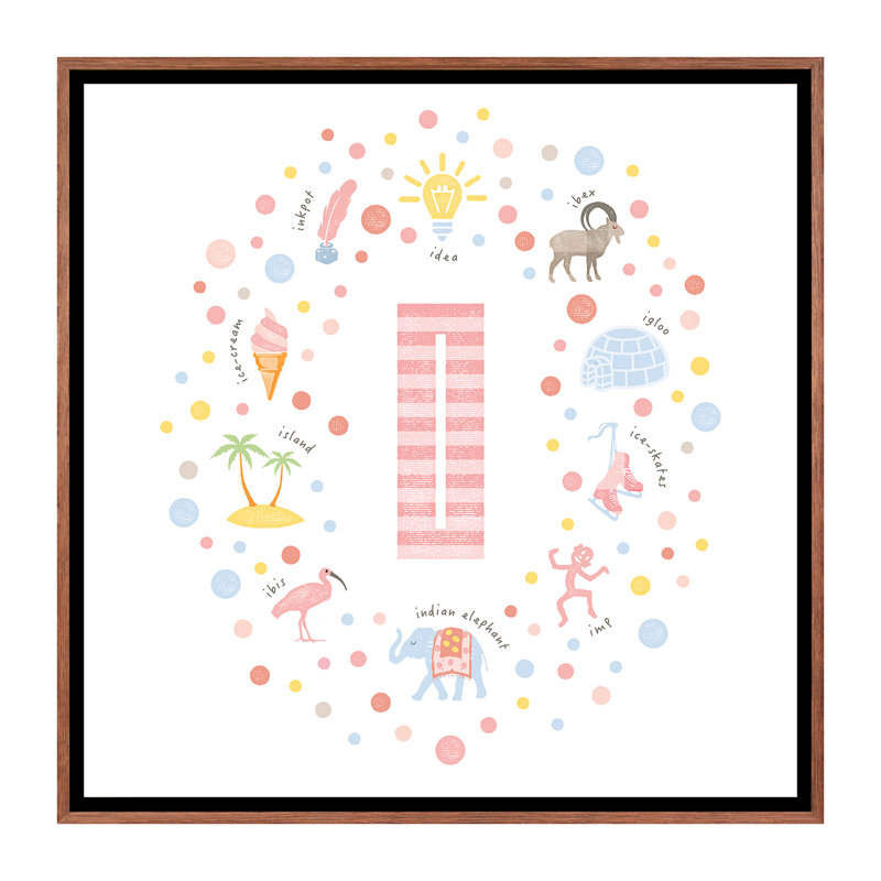 Lettre illustrée I rose - impression, Toile avec cadre brun, Pas de tapis, H 37 po x l 37 po x P 1,5 po