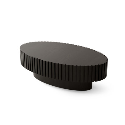 43.5" Oval Wooden Coffee Table With Handcrafted Relief | Sturdy Pedestal Base, Olive-Shaped Design For Living Room